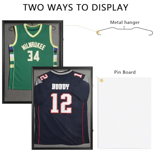 Image of IHEIPYE Large Jersey Frame Display Case Lockable, Sport Jersey Shadow Box with 98% UV Protection Acrylic and Hanger for Baseball Basketball Football Soccer Hockey Sport Shirt and Uniform, Linen Black