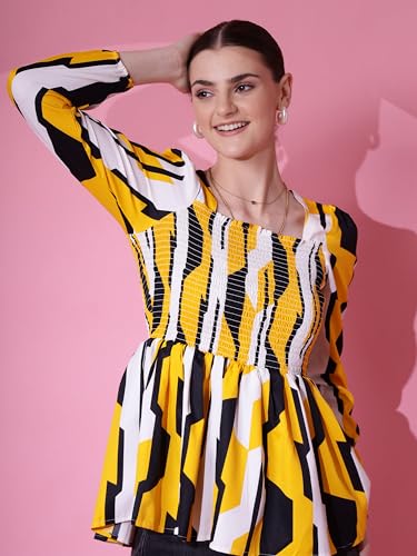 Image of Sheetal Associates Women's Crepe Puff Sleeves Peplum Top with Floral Printed Regular Fit Full Sleeve and V-Neck Maxi Length