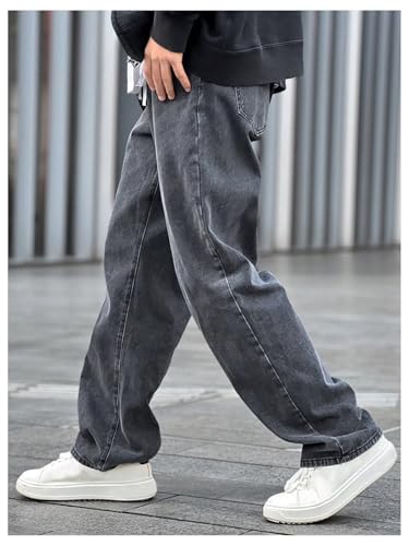 OYOANGLE Men's Drawstring Waist Jeans Straight Leg Denim Pants with Pocket Zipper Fly Trousers4