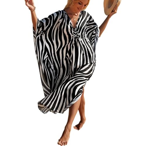 Beach Cover ups Hand Woven V Neck Swim Cover up Caftan Rayon Cotton Kaftan Dresses Floral Ethnic Print Beach Kaftans B0 Zebra 20