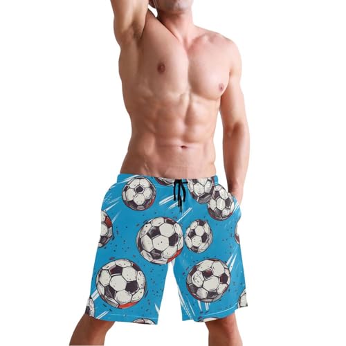 Men's Swim Trunks Quick Dry Swimming Shorts with Pocket Soccer Balls on Blue Background Swimsuit Trunks4