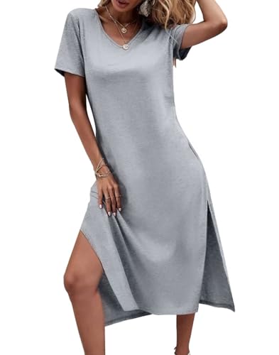Image of Dyexces Women Summer T Shirt Dress Casual Short Sleeve V Neck Maxi Dresses Loose Side Slit Long Tshirt Dress with Pockets
