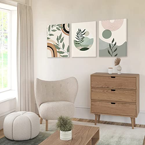 Image of Sage Green Boho Wall Art Set of 3, Boho Room Decor, Mid-Century Modern Wall Art Prints, Framed Neutral Geometric Canvas Prints Green Wall Art Sun Rainbow Leaf Mountain Minimalist Artwork 12 inch X 16 inch for Bathroom Bedroom Living Room Boho Wall Decor