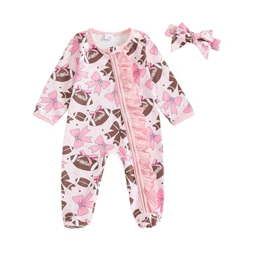 Sasaerucure Newborn Infant Baby Girl Footie Romper Jumpsuit Headband Zipper Football One Piece Outfits Fall Clothes