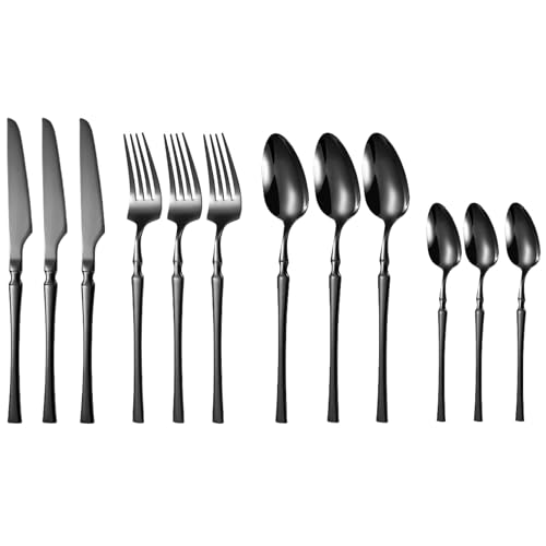 Image of aDai Matte Black Silverware Set | Satin Finish 12-Piece Korean Vintage Style Flatware Set | Dishwasher Safe Stainless Steel Cutlery for Home, Restaurant & Gifting