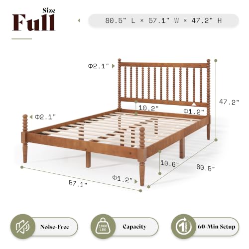 Image of AMERLIFE Full Solid Wood Bed with Bobbin Spindle Headboard, Brown