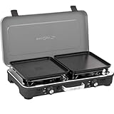 BRUNNER: 2-in-1 Tisch Camping-Kocher 2-flammig Edelstahl Gasgrill & Gaskocher - POWERKOOK 50mbar mit Grillplatten - mit Gasregler + Gaschlauch
