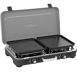 BRUNNER: 2-in-1 Tisch Camping-Kocher 2-flammig Edelstahl Gasgrill & Gaskocher - POWERKOOK 50mbar mit Grillplatten - mit Gasregler + Gaschlauch