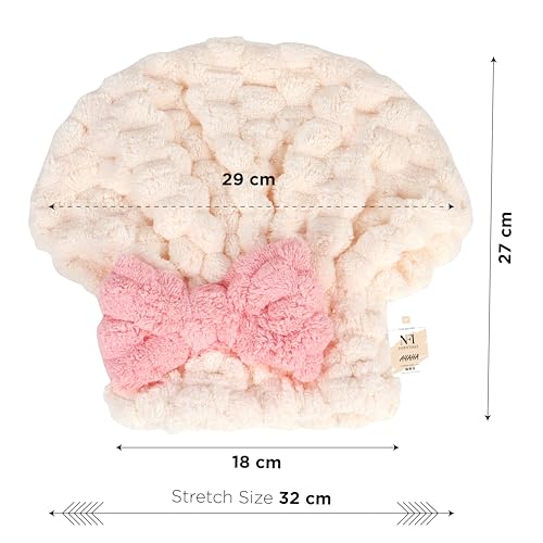 Image of NFI essentials Microfiber Hair Towel Cap Warp Super Absorbent Wet Hair Drying Head Turban, Pookie Bow Knot for Girls Salon Quick Dry Shower with Button for Women