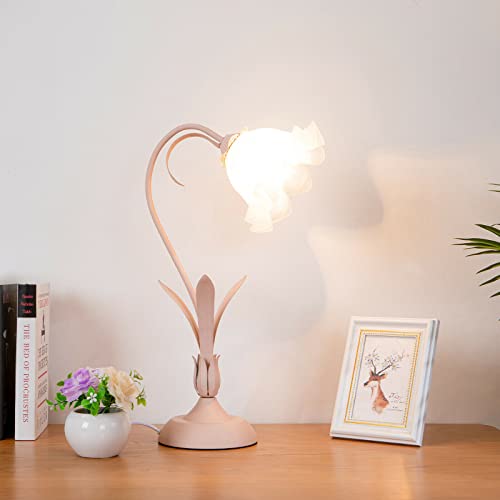 Yiyibyus Table Lamp Pink Flower Desk Lamps Retro Unique Glass Flower Lampshade Bedside Lamp For Nightstand Living Room End Table #TOP5