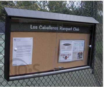 BuyBocceBalls Listing - Tennis, Bocce, Golf Court Accessories - Messaging Boards - Outpost Message Center with Acrylic Doors - Model 150 - Black - Post Attached, Header Sign, Sliding Door Lock