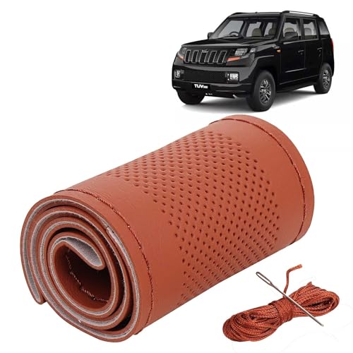 Image of KINGSWAY PU Leatherite Car Steering Cover Sewable Compatible with Mahindra TUV 300 (Year 2015 Onwards), Tan Color with Tan Thread, Pack of 1 with Sewing Needle and Thread