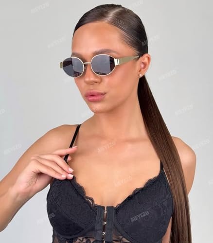 AIEYEZO Polarized Sunglasses for Women Men Retro Oval Sun Glasses Fashion Oval Metal Frames UV400 Protection Lens (Gold/Grey + Gold/Grey)4