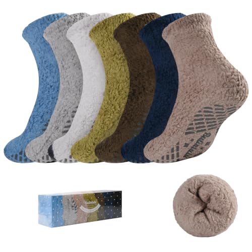 Image of Bulinlulu Fuzzy Socks with Grips Plush Sleep Cozy Winter Soft Hospital Fluffy Socks for Womens Mens Gifts