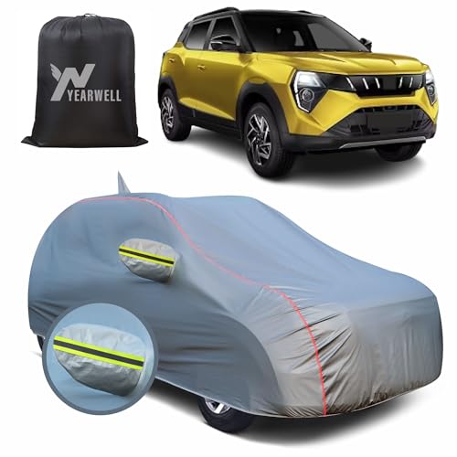 Image of Car Body Cover for Mahindra XUV 3XO, 100% Waterproof, Heat-Resistant with Mirror & Antenna Pockets, Soft Cotton Lining, Triple Stitched, Green Reflector (Metallic Grey)