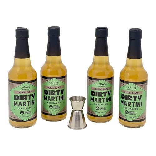 Lara's Premium Olive Juice Dirty Martini Cocktail Mix, Small Batch – Pack of 4 with a jigger - Vodka, Vermouth, Gin Mixer