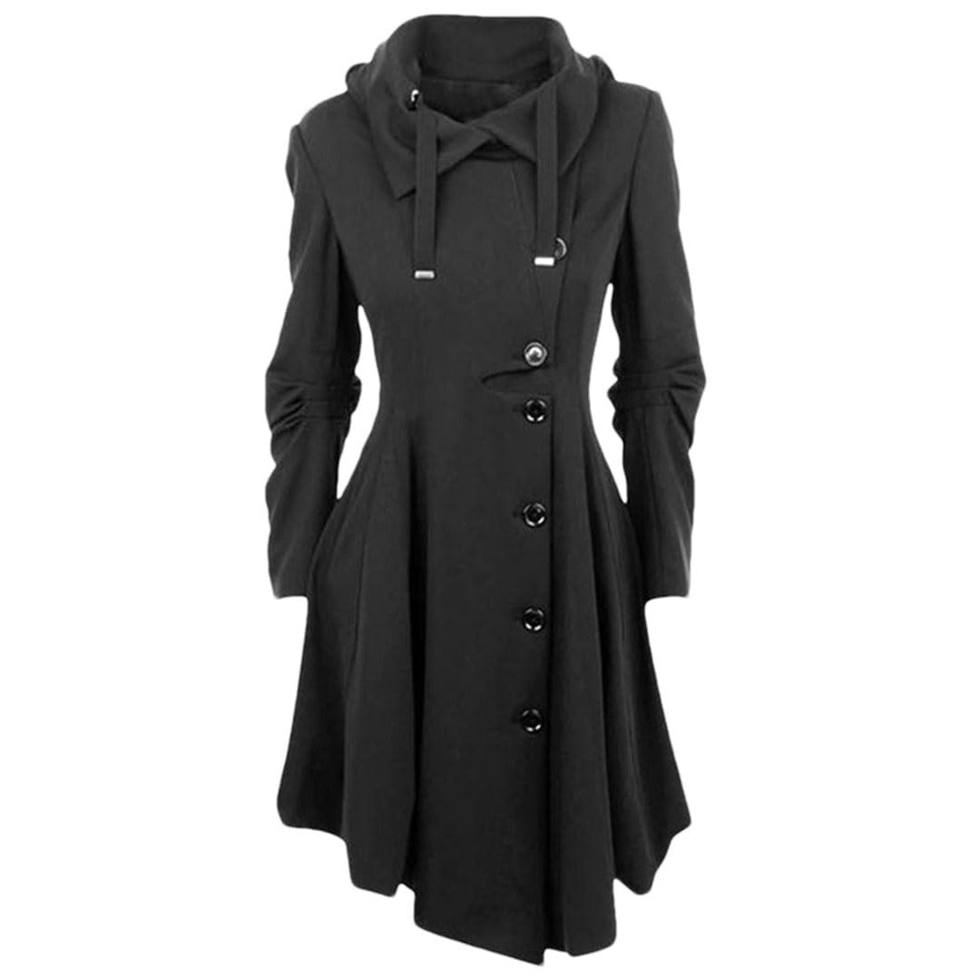 Tdvcpmkk Women's Coat And Trench Coat Long Slim Fit, Asymmetrical Lapel Buttoned Elegant Coat, Black, XL