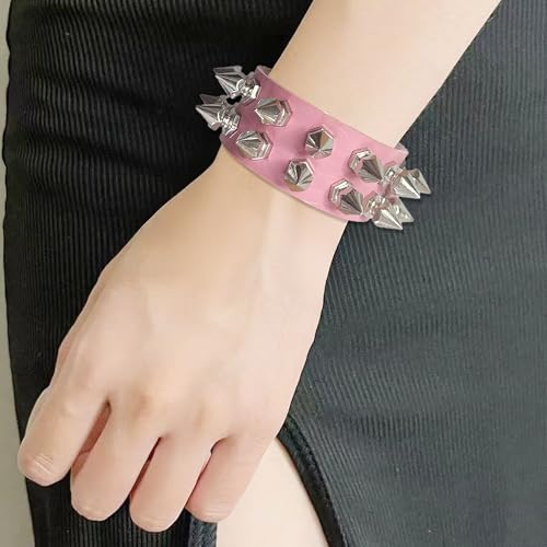 Spike Studded Punk Bracelet for Women Men Punk Biker Wide Strap Leather Bracelet Gothic Leather Spike Cuff with Spikes Adjustable3