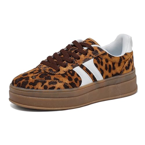 Lxuan Womens Gum Sole Fashion Sneakers-Thick Platform Sole Anti-Slip Rubber Lace-Up Comfort Walking Shoes(Leopard-6)