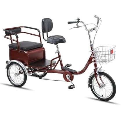 16-Zoll-Dreirad für Erwachsene, Fahrrad mit Kohlenstoffstahlrahmen, Rücksitz und Rückenlehne, dreirädriges Cruiser-Fahrrad für Senioren, Damen und Herren (rot)