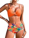 Costume Donna Due Pezzi Vita Alta:Il bikini ha una vita alta con una decorazione plissettata sulla pancia che leviga i contorni e nasconde il grasso addominale in eccesso.