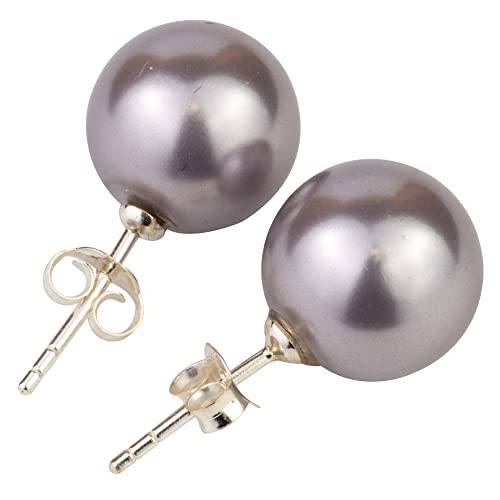 LaTisoro Light Grey 925 Solid Sterling Silver Faux Pearl Stud Earrings - 12mm Round Ball Hypoallergenic Jewelry