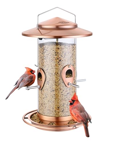 iBorn Metal Bird Feeder for Outside Hanging Wild Bird Feeders for Cardinal 18cm Large Roof&Tray Brushed Copper 10 Port(Seed is not Included)