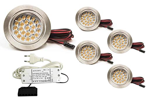 Juego de 5 focos LED empotrables para muebles, 12 W, 12 V CC, 5 x 190 lm, color acero inoxidable cepillado + transformador LED de 15 W, 230 V (4000 K, blanco neutro) Cover