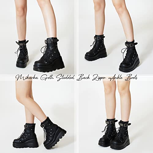 mikarka Holographic Platform Boots for Women, Lace Up Ankle Studded Buckle Goth Stacked Wedge Combat Ankle Boots2