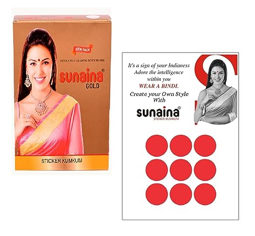 Image of Sunaina New Gold Sticker Kumkum Forehead Round Bindis Velvet Pottu /Bindi Box With 15 Cards /Flaps For Women & Girls (GR001, Red)