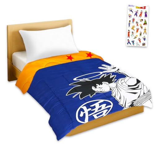 Dragon Ball Z Comforter Bedding Set - Bundle with Queen Size Goku Bedspread Plus Pillowcases and Stickers | Dragon Ball Bedroom Decor