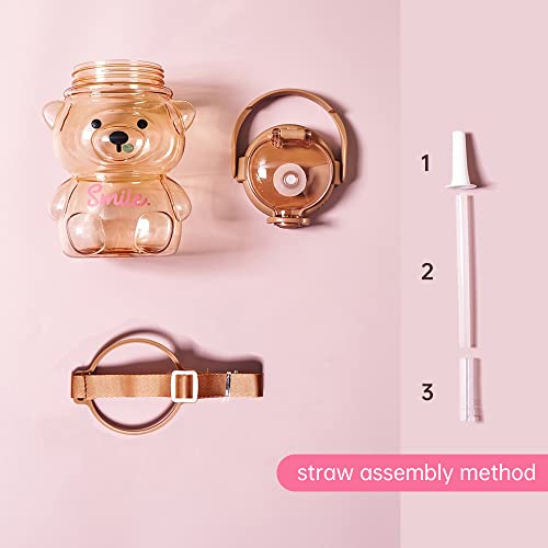 Kawaii Bear Straw Bottle,Large Capacity Bear Water Bottle With Strap And Straw, Cute Water Bottles For School And Outdoor Travel (1000Ml Brown) #TOP1