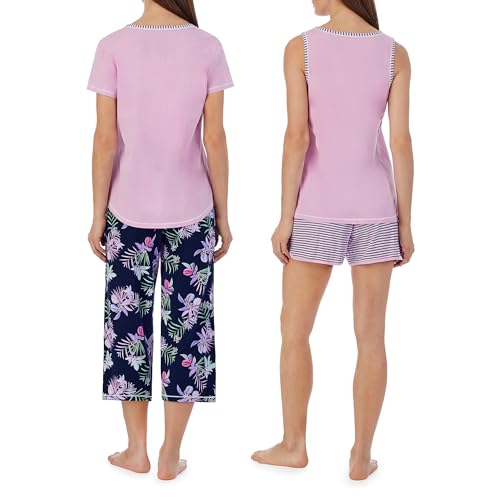 Image of Carole Hochman Women's 4-Piece 100% Cotton Pajama Set - V-Neck T-Shirt, Tank, Capri Pants & Shorts with Drawstring & Pockets