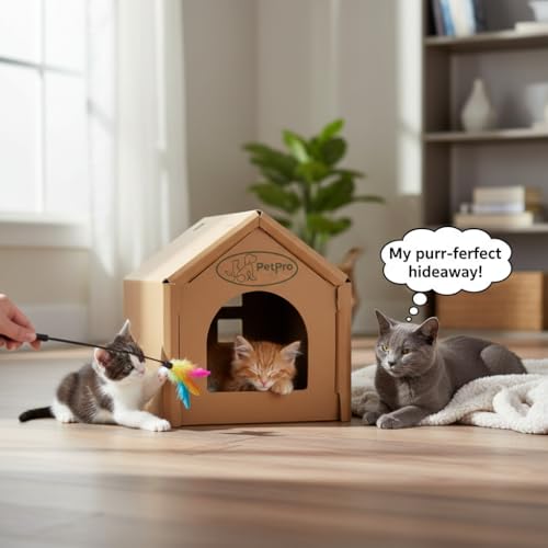 Cozy Cat House, Corrugated Cardboard Cat House - Small Size, Sturdy, Cat Hideaway, for Indoor Cats and Rabbits, Cardboard,Brown.