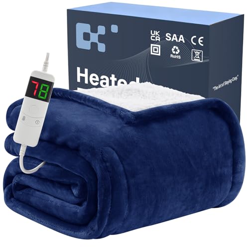 BOMOVA Electric Heated Blanket Single Throw (130x160cm Blue)-Flannels Fleece Winter Warm Blanket 10-Level Heating & 5 Auto Timer Cozy Sofa Throw for Home Office Xmas House Warming New Home Gifts