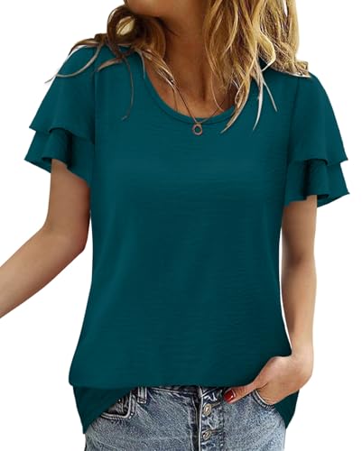 CRAZY GRID Women's Shirts Summer Casual Crewneck Ruffle Short Sleeve Blouses Cute Floral Print Tunic Tops