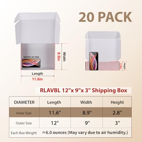 Image of RLAVBL 12x9x3 Shipping Boxes Set of 20, Pink Corrugated Cardboard Box for Packing, Mailing, Business, Gift