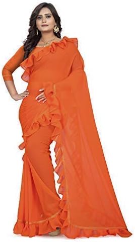 AARADHYA FASHION Women's Chiffon Saree with Blouse Piece (Deve-Ruffle-RF, Orange)