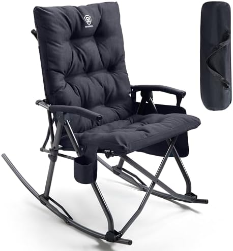 EVER ADVANCED Oversized Folding Rocking Camping Chair, Padded Portable Rocker Chairs for Patio, Lawn and Outdoors, Heavy Duty Hard Armchair for Adults Supports 400lbs, Black