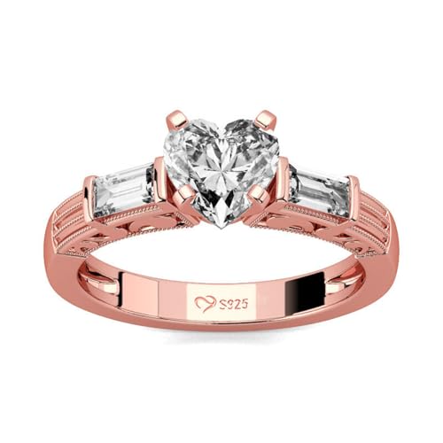 Jeulia 2.3 ct Diamond Ring Rose Gold Three Stone Heart Cubic Zirconia Crystal Band Moissanite Engagement Ring For Women Halloween Christmas Gifts with Jewelry Box