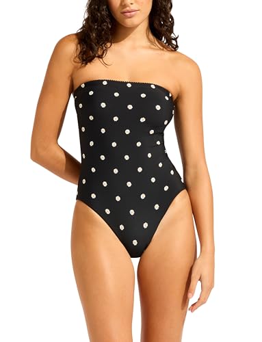 Seafolly Women's Standard Bandeau One Piece Swimsuit with High Cut Leg, Daisy Chain Black