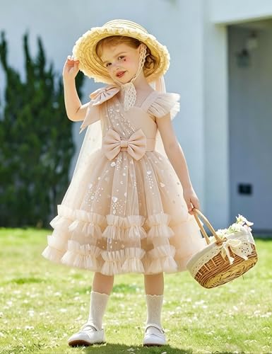 EULIMENE Girls Heart Sequins Dress Shiny Tulle Pageant Princess Wedding Birthday Party Prom Dress 9M-8Y Champagne — view 3