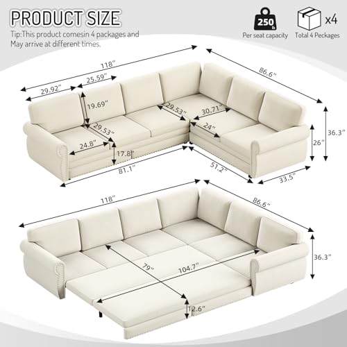 Image of KCGKCG 118 inch Sleeper Sofa Bed, Sectional Couches for Living Room /Apartment, Chenille L Shaped Couch with Pull Out Couch Bed, Convertible Sectional Sofa with Rolled Arm & Nailhead Trim, Beige