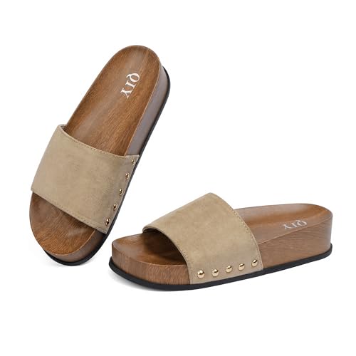 QIY Apricot Platform Sandals for Women Slip-on Studded Slides Taupe Nude Beige Ladies Suede Arch Support Summer Casual Wedge Sandal Beach Vacation Cushion Footbed Retro Comfortable Shoes Size 9.5 — view 4