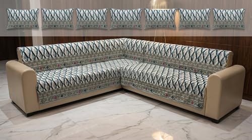 Image of Luxury Sofa Cover L Shape 7 Seater with Matching Cushion Cover 16x16 inch - Indigo Geometric Paisley 4+3 Seater (7 Seater) Quilted Sofa Cover Set Pack of 12, Washable, Indigo Ivory