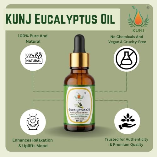 Image of KUNJ Eucalyptus Essential Oil 10ml - 100% Pure & Natural Steam Distilled Nilgiri Oil for Aromatherapy, Diffuser, Hair Care, Scalp Care, Spa, Home Fragrance & DIY Blends