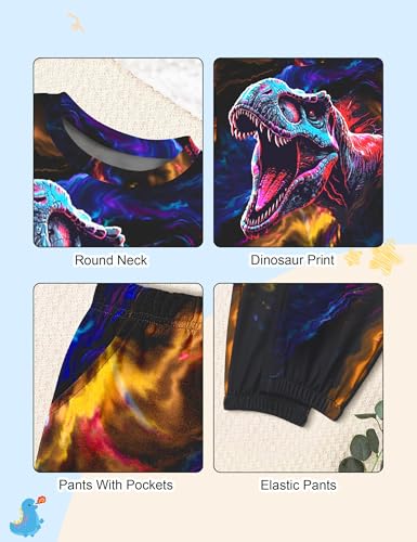 Image of Boys Clothes, T-Rex Print Dinosaur Boy Clothes Fall Winter Outfits Long-sleeved Hooded Sweatshirt Pants 2Pcs Set