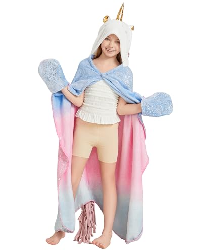 Unicorn Wearable Hooded Blanket for Girls, Cozy Flannel Hoodie Throw Cloak Wrap with Rainbow Ombre Glittering Fish Scale Design, Christmas Birthday Mermaid+Unicorn Gifts for Daughter