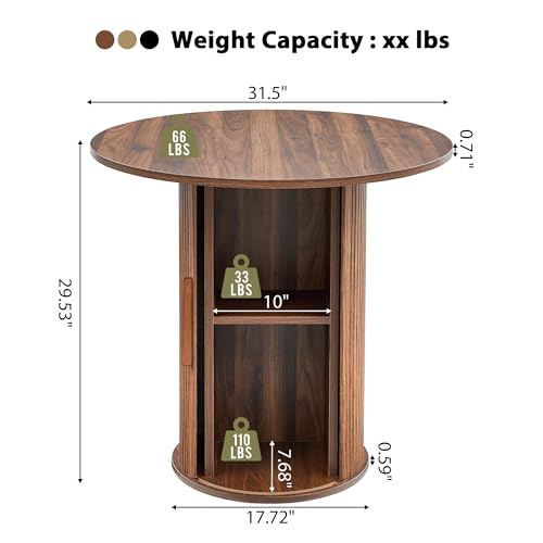 Image of 31.5 inch Round Dining Table for 2-4, Modern Farmhouse Kitchen Table with 2-Tier Storage Shelf, Small Wooden Circle Dining Tables with Fluted Base for Home Dining Room Living Room (Walnut)