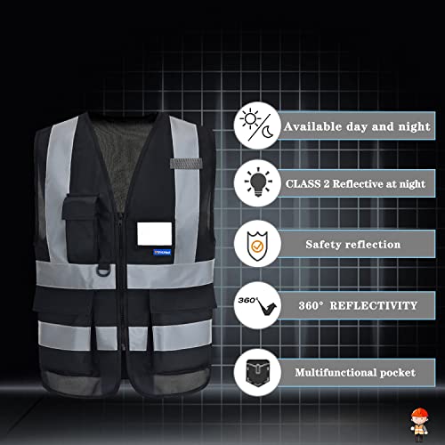 Image of High Visibility Reflective Vest, Mic Tabs, Front Zipper, Black, S | Black S work vest with 7 pockets, front zipper and reflective strips for security and warehouse work; for men and women.